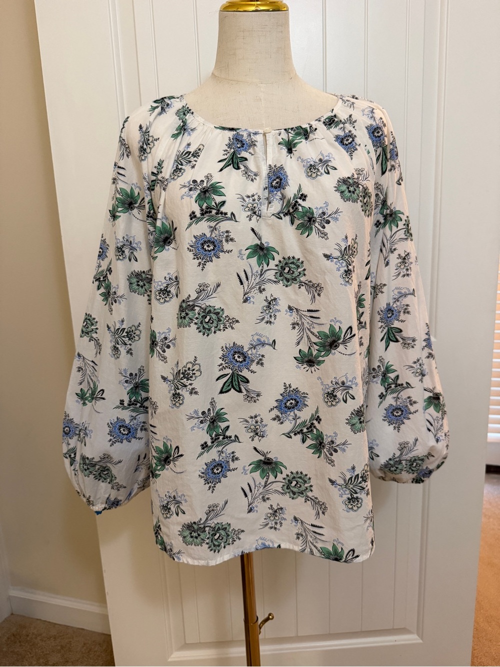 Ann Taylor Factory White Floral Peasant Blouse with Blue & Green Print